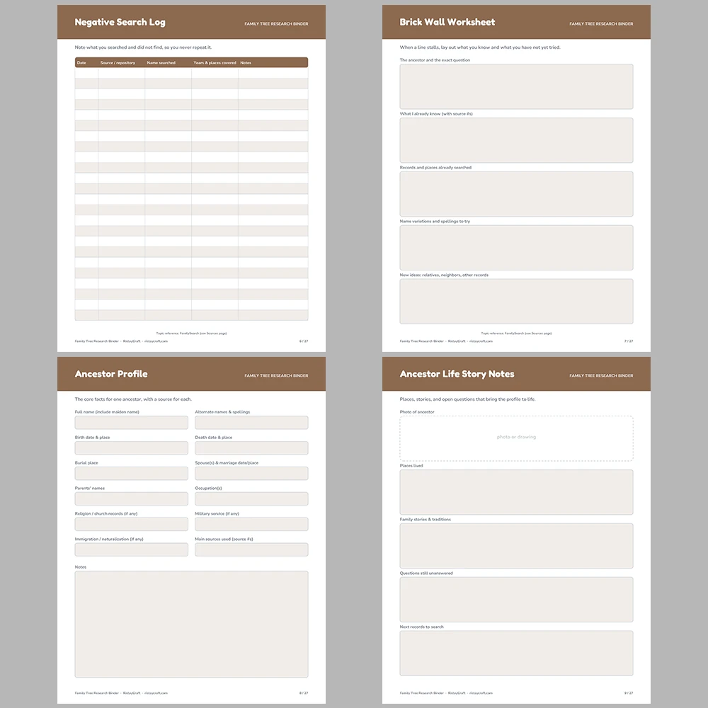 Family Tree Research Binder Printable | Genealogy Organizer | Pedigree Chart, Family Group Sheets, Census Log | Fillable PDF