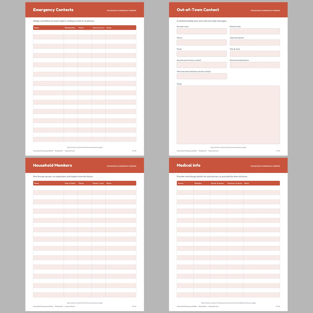 Household Emergency Binder Printable | Family Emergency Plan | Contacts, Documents, Kit Checklist, Pets | Fillable PDF Instant Download