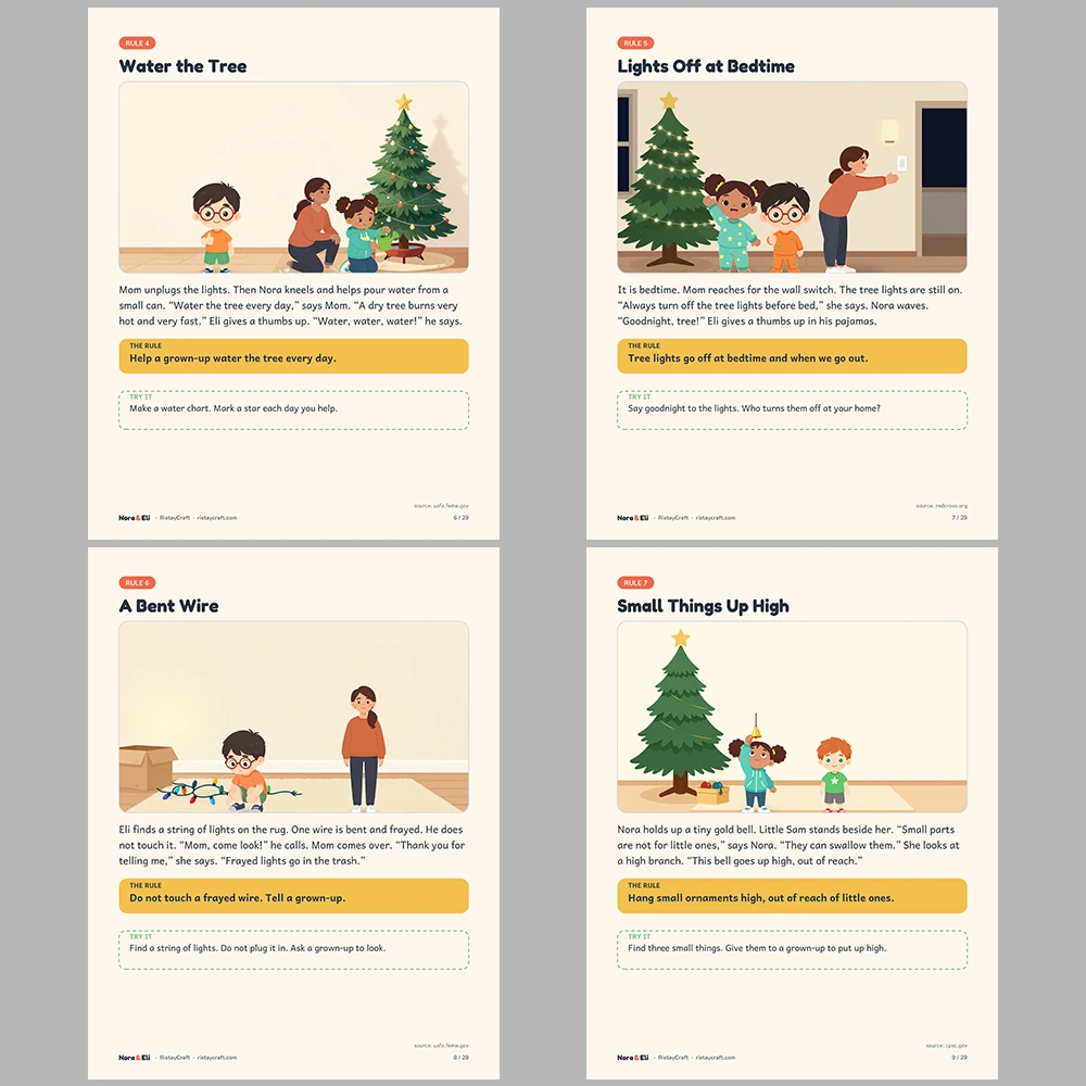 Holiday Safety for Kids Printable | 29-Page Christmas Tree Candle and Lights Safety Workbook Ages 5–8 | December Activities