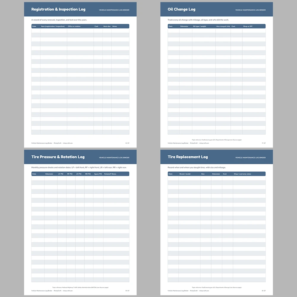 Vehicle Maintenance Log Binder Printable | Car Service Record, Oil Change Log, Fuel Log, Repair Log | Fillable PDF Download