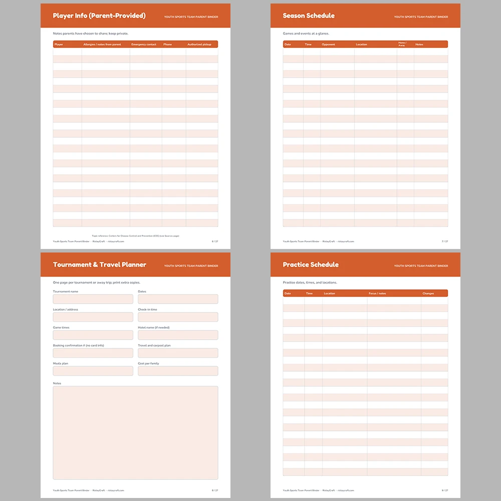 Team Parent Binder Printable | Youth Sports Manager Organizer | Roster, Snack Schedule, Carpool Log, Game Day Checklist | Instant PDF