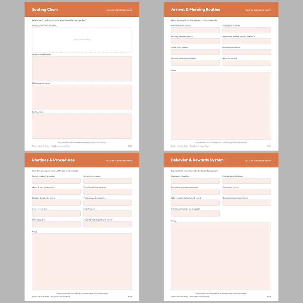 Substitute Teacher Binder Printable | Sub Plans Template | Classroom Roster, Schedule, Emergency Info | K-8 Fillable PDF Instant Download