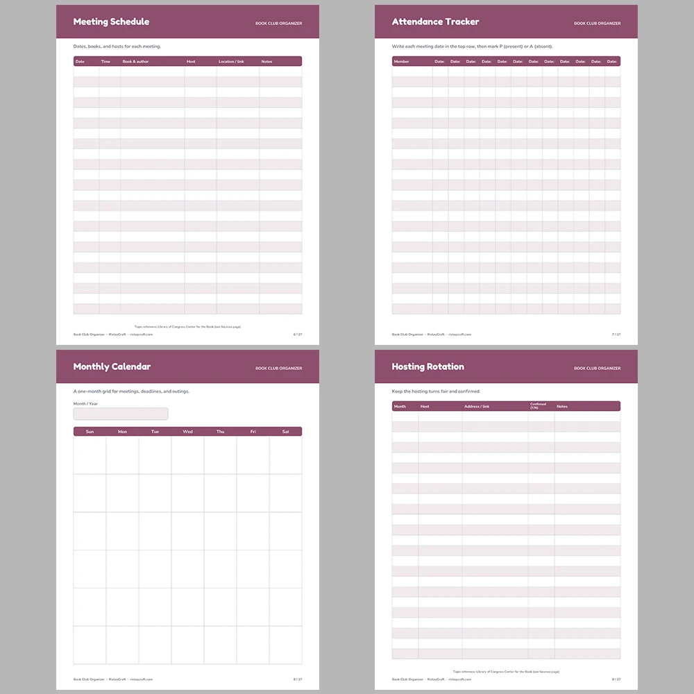 Book Club Organizer Printable | Member List, Meeting Schedule, Book Votes, Hosting Rotation & Ratings Log | Fillable PDF Planner