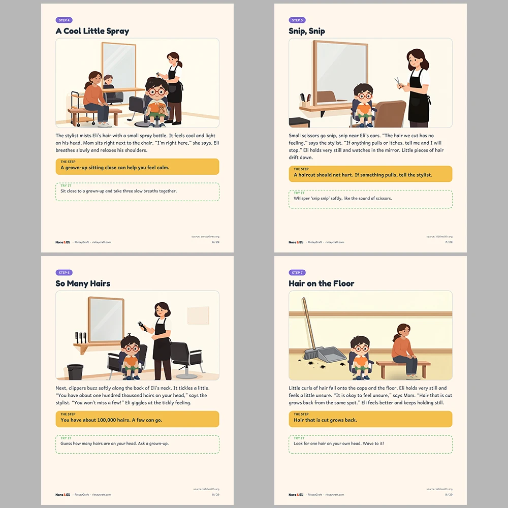 Getting a Haircut Social Narrative for Kids | 29-Page Printable Big Moment Story Ages 4–8 | Calm Coping Sensory Tips Activities