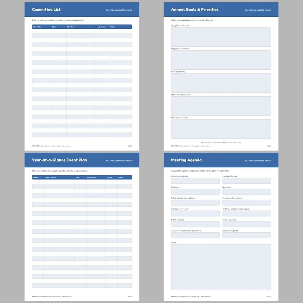 PTA Binder Printable | PTO Volunteer Organizer | Meeting Minutes, Event Planner, Fundraiser Tracker, Budget Log | Instant Download PDF