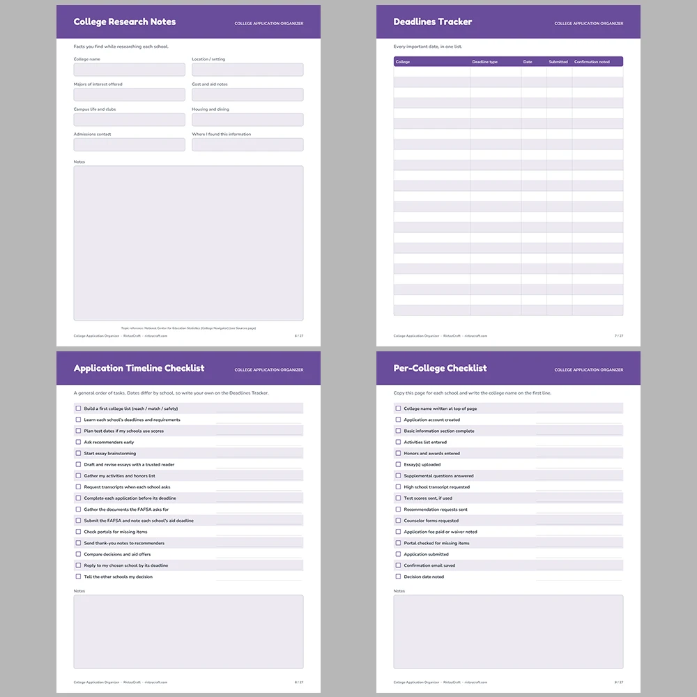College Application Organizer Printable | College Planner, Deadlines, Essay & Recommendation Tracker | Instant Download PDF