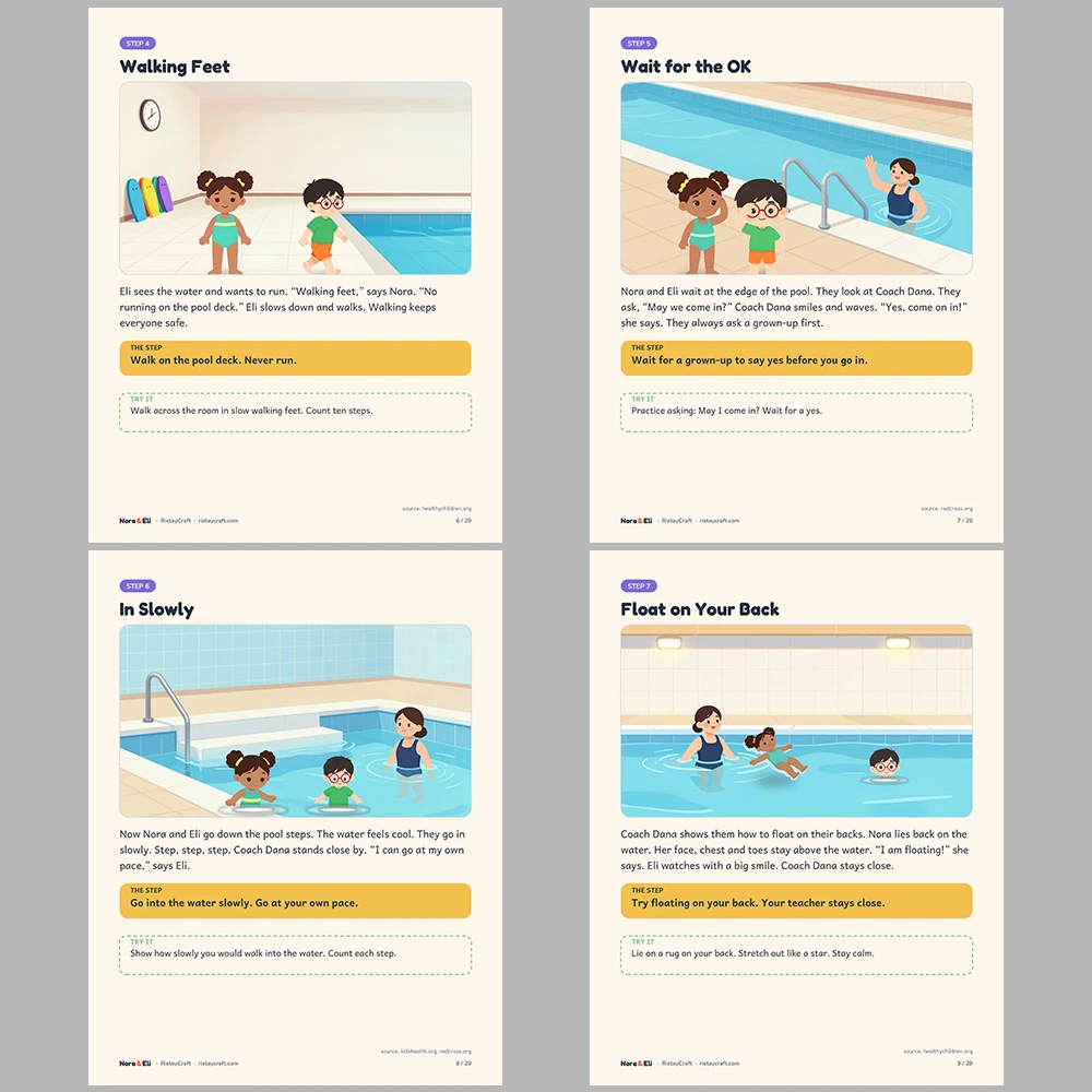 First Swimming Lesson Social Narrative for Kids | 29-Page Printable Big Moment Story Ages 4–8 | Swim Class Pool Story Activities