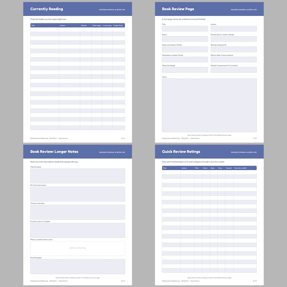 Reading Journal Printable | Book Log, Reading Goals, Book Review Pages, Quotes Log, Series & Library Loan Tracker | Fillable PDF