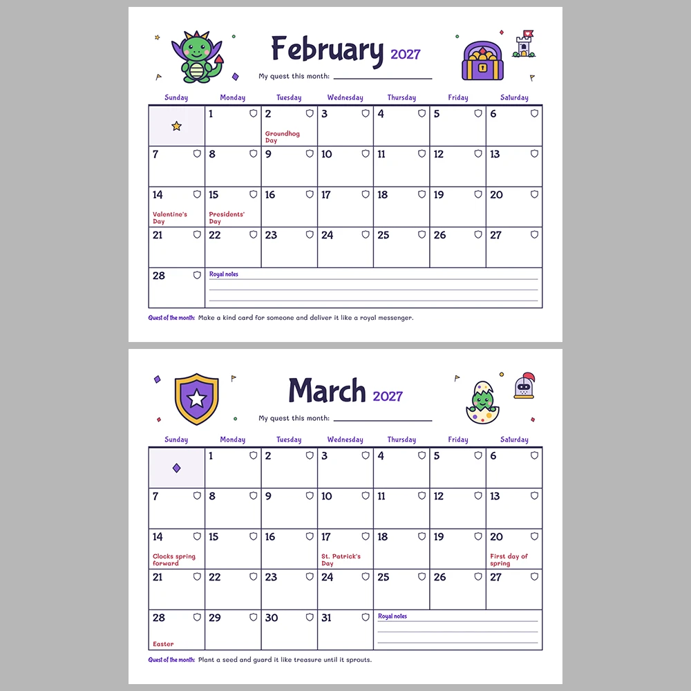 2027 Kids Calendar Printable | Castle & Dragons Monthly Calendar with Activities | Sunday & Monday Start | Letter A4 Desk Pad PDF