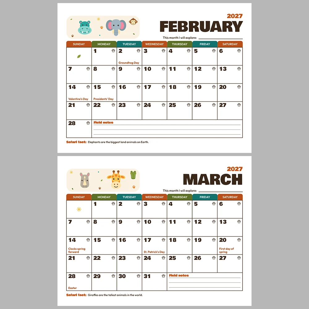 2027 Kids Calendar Printable | Safari Adventure Monthly Calendar with Activities | Sunday & Monday Start | Letter A4 Desk Pad PDF