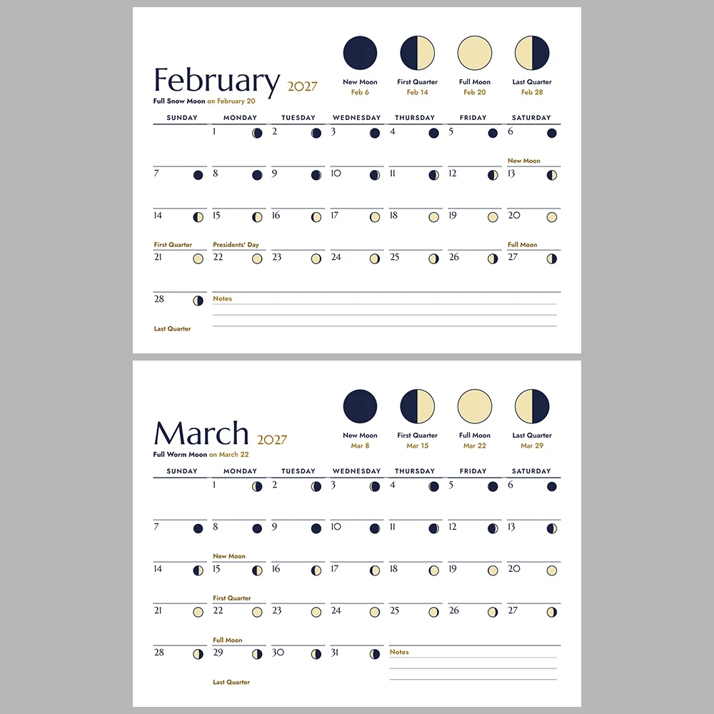 2027 Moon Phases Calendar Printable | Lunar Phase Monthly Wall Calendar | Sunday & Monday Start | Letter A4 Desk Pad PDF