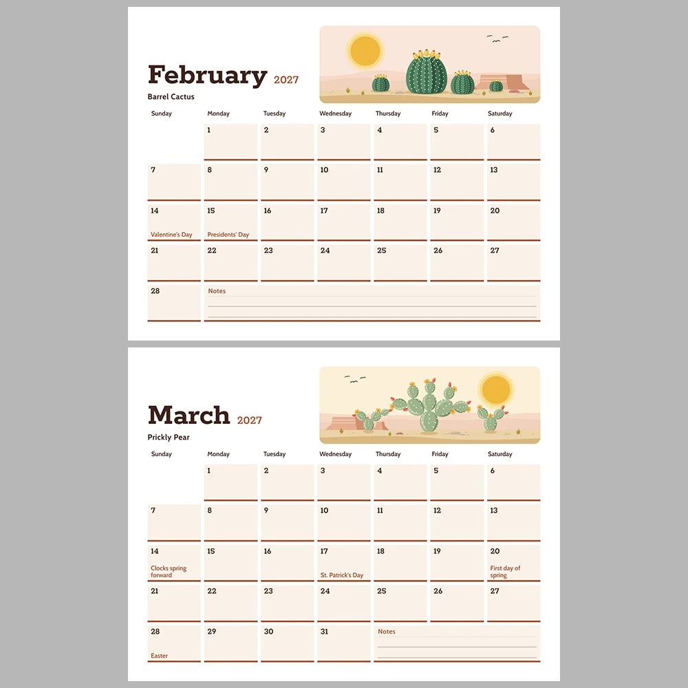 2027 Desert Southwest Calendar Printable | Cactus Desert Art Monthly Wall Calendar | Sunday & Monday Start | Letter A4 Desk Pad PDF