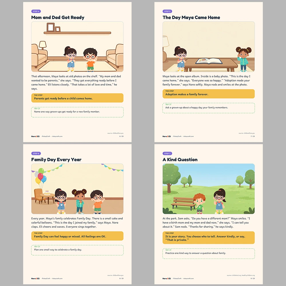 Adoption Family Story Social Narrative for Kids | 29-Page Printable Big Moment Story Ages 4–8 | Birth Parents Family Day Activities
