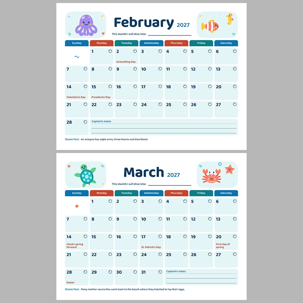2027 Kids Calendar Printable | Ocean Friends Monthly Calendar with Activities | Sunday & Monday Start | Letter A4 Desk Pad PDF