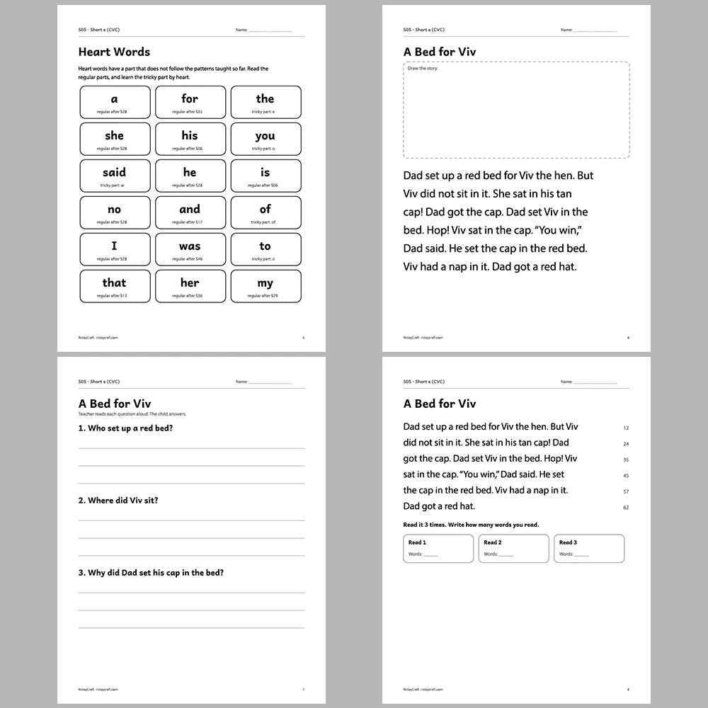 Short e (CVC) Decodable Readers | 8 Stories 38 Pages | Phonics Printable PDF | Ages 5-6