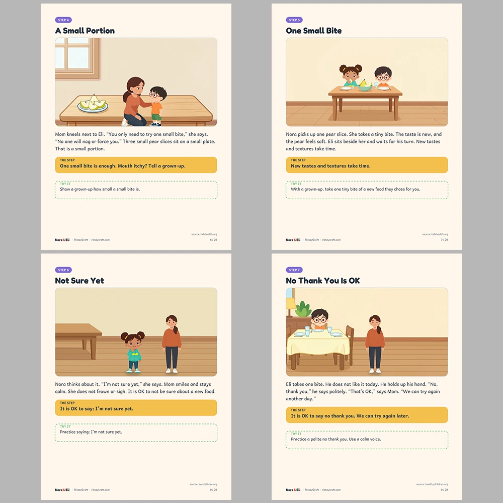 Trying New Foods Social Narrative for Kids | 29-Page Printable Big Moment Story Ages 4–8 | Picky Eater Mealtime Story Activities