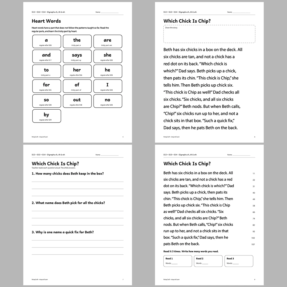 Digraphs ch, th & wh Decodable Readers | 8 Stories 38 Pages | Phonics Printable PDF | Ages 5-6