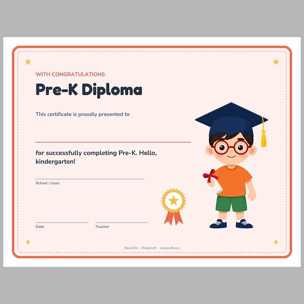 Preschool & Kindergarten Graduation Diploma Printable | Editable Pre-K Diploma Certificate | End of Year Award | Nora & Eli PDF