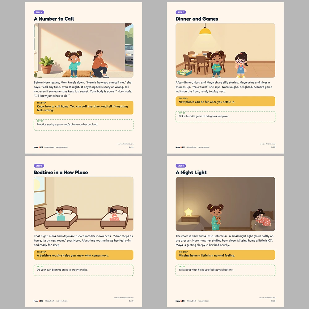 First Sleepover Social Narrative for Kids | 29-Page Printable Big Moment Story Ages 4–8 | Packing Bedtime Homesick Activities