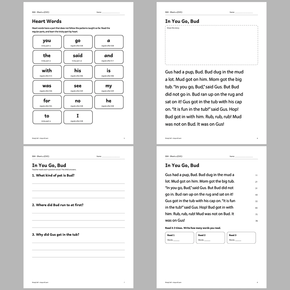 Short u (CVC) Decodable Readers | 8 Stories 38 Pages | Phonics Printable PDF | Ages 5-6