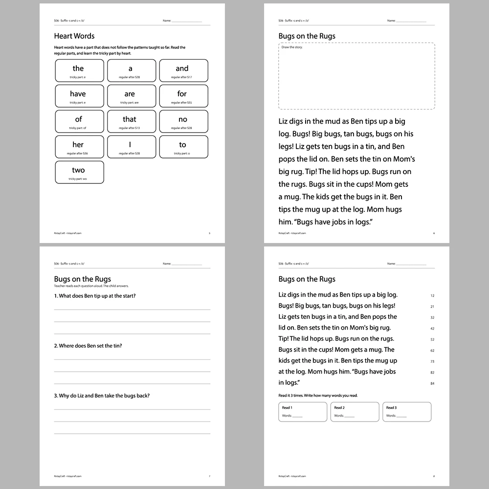 Suffix -s and s = /z/ Decodable Readers | 8 Stories 38 Pages | Phonics Printable PDF | Ages 5-6