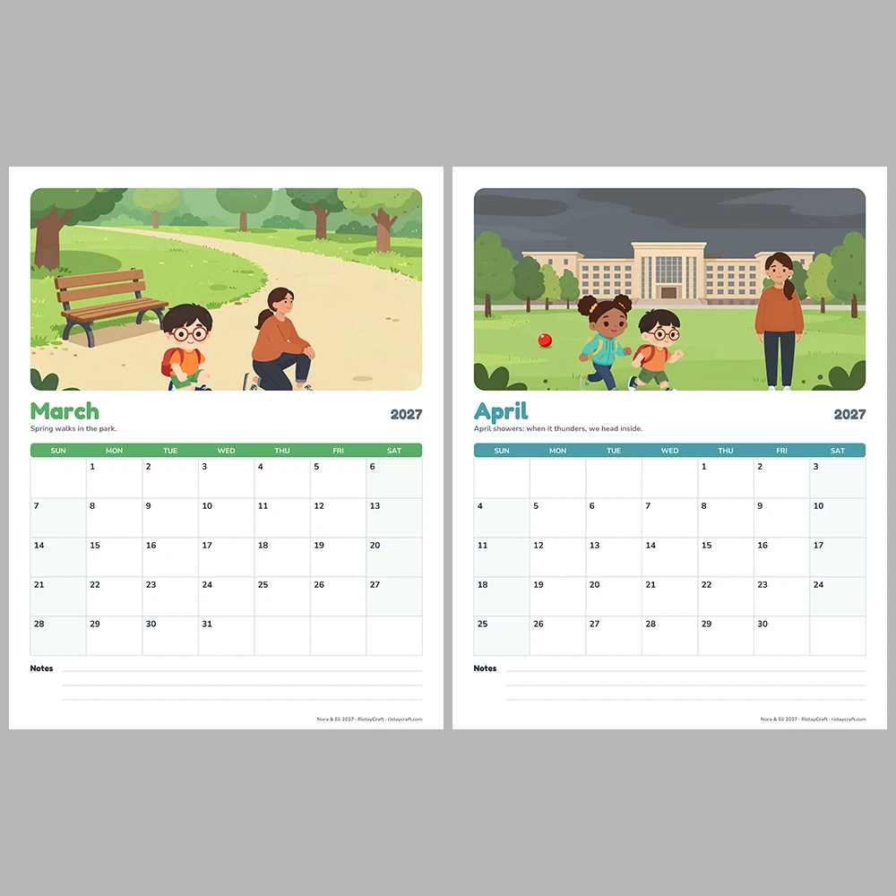 2027 Printable Calendar for Kids | Nora & Eli Monthly Wall Calendar with US Holidays | Family Planner Letter A4 PDF