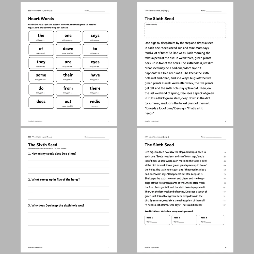 Vowel team ee, ea (long e) Decodable Readers | 10 Stories 44 Pages | Phonics Printable PDF | Ages 6-8