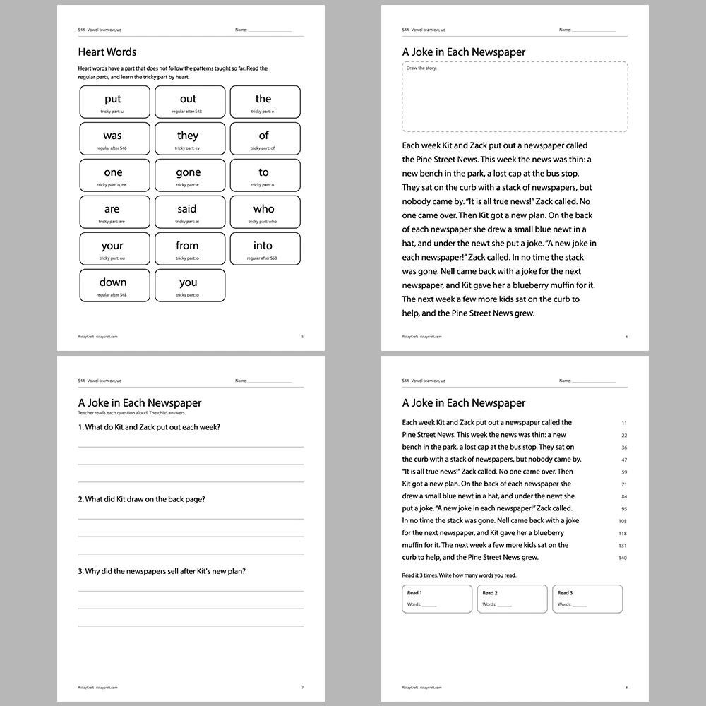 Vowel team ew, ue Decodable Readers | 10 Stories 44 Pages | Phonics Printable PDF | Ages 6-9