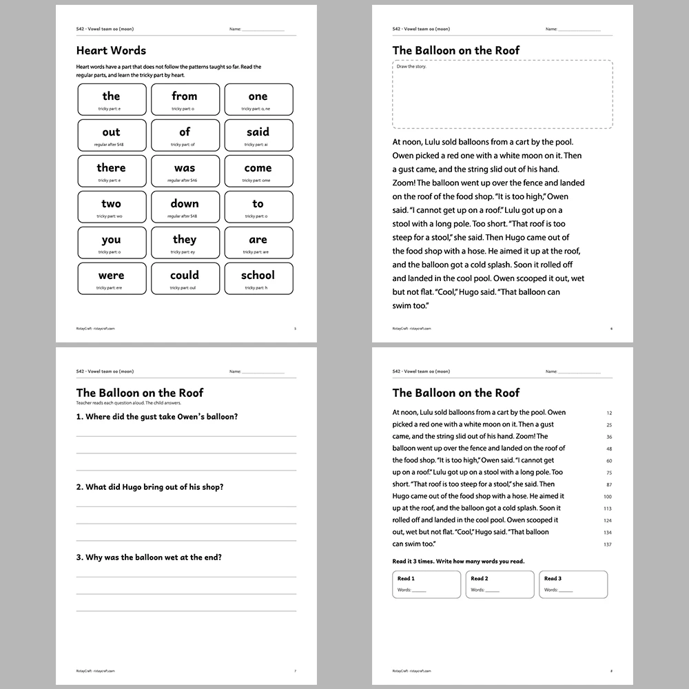 Vowel team oo (moon) Decodable Readers | 10 Stories 44 Pages | Phonics Printable PDF | Ages 6-9