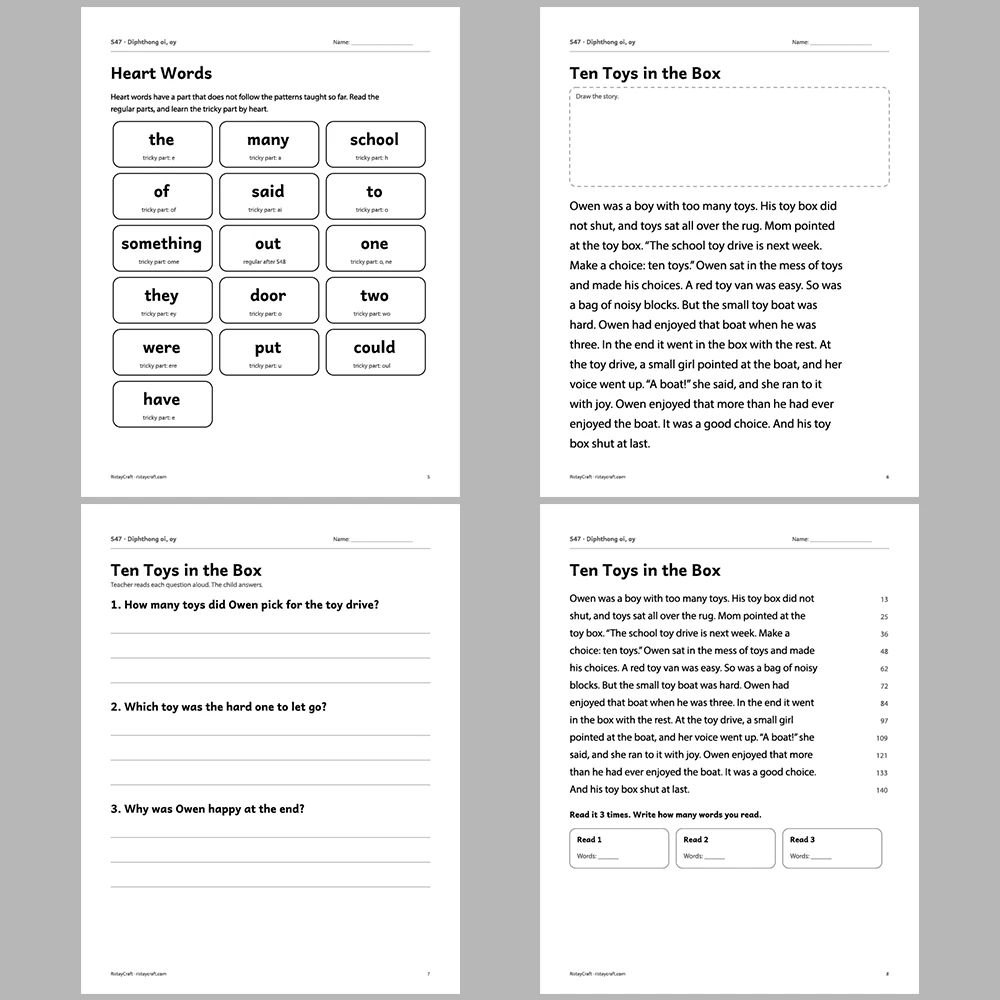 Diphthong oi, oy Decodable Readers | 10 Stories 44 Pages | Phonics Printable PDF | Ages 6-9