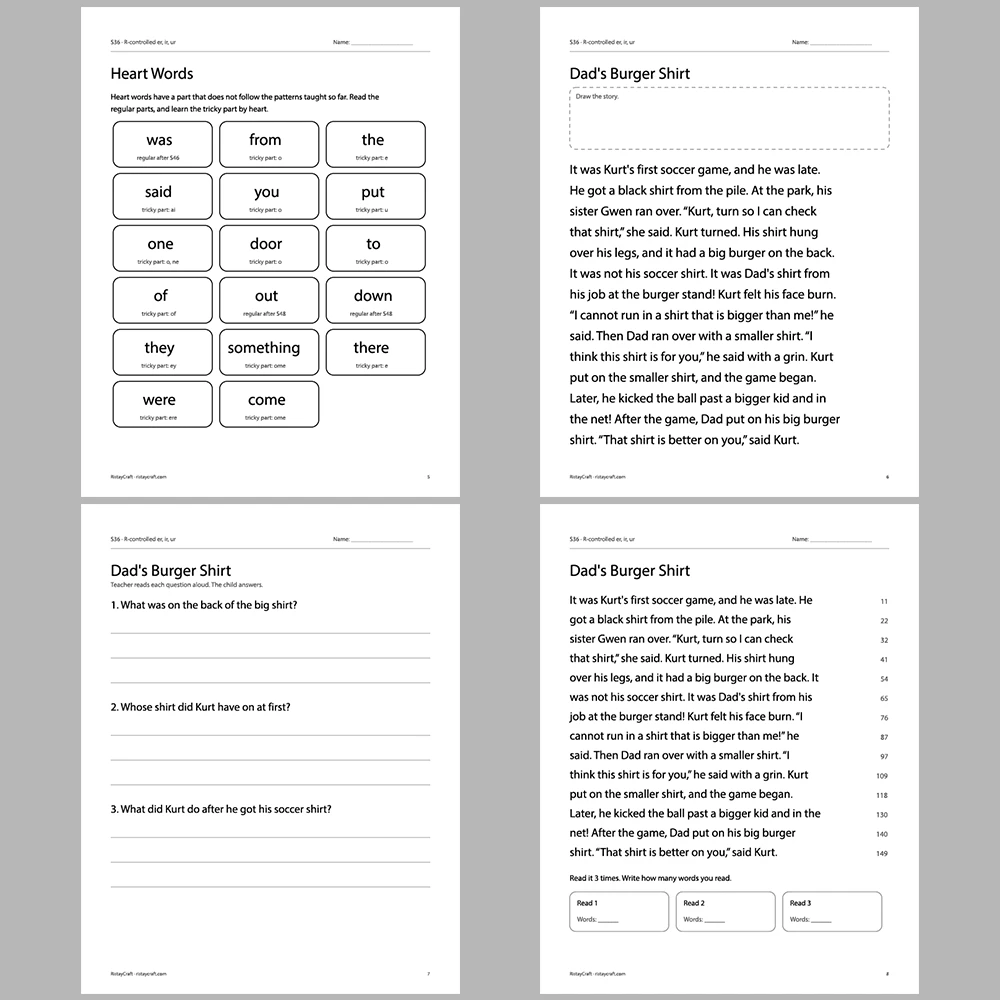 R-controlled er, ir, ur Decodable Readers | 10 Stories 44 Pages | Phonics Printable PDF | Ages 6-8