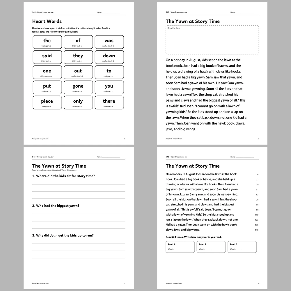 Vowel team au, aw Decodable Readers | 10 Stories 44 Pages | Phonics Printable PDF | Ages 6-9