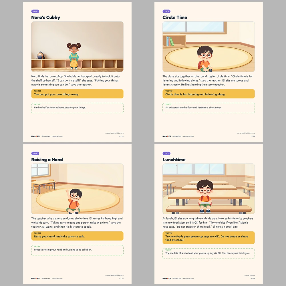 First Day of School Social Narrative for Kids | 29-Page Printable Big Moment Story Ages 4–8 | Goodbye Routine Circle Time Activities