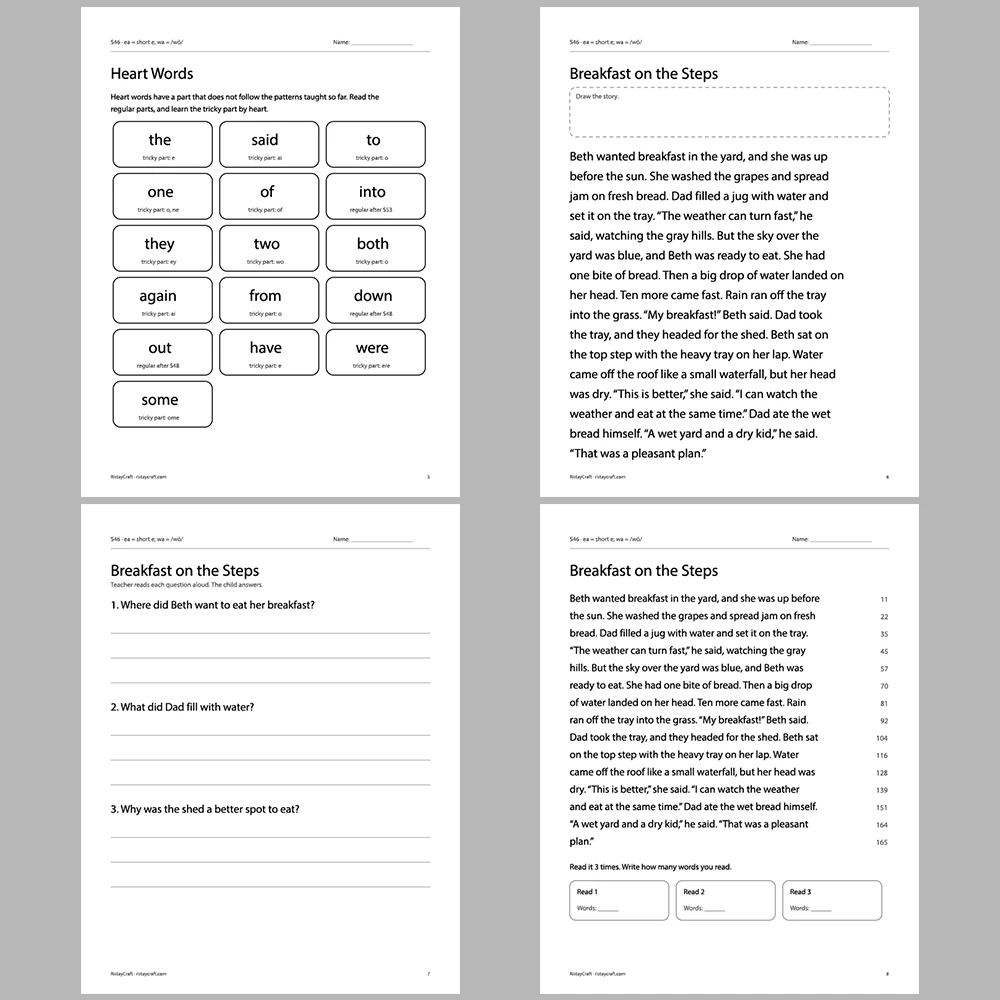 ea = short e; wa = /wŏ/ Decodable Readers | 10 Stories 44 Pages | Phonics Printable PDF | Ages 6-9