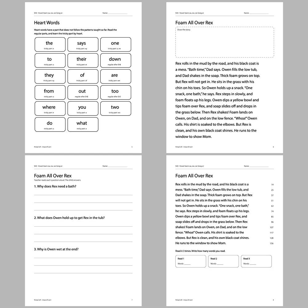 Vowel team oa, ow, oe (long o) Decodable Readers | 10 Stories 44 Pages | Phonics Printable PDF | Ages 6-8