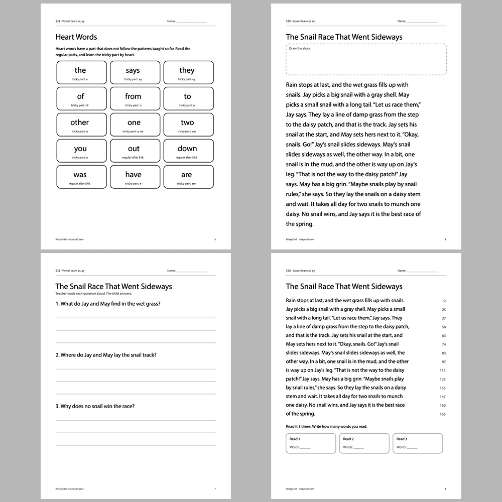 Vowel team ai, ay Decodable Readers | 10 Stories 44 Pages | Phonics Printable PDF | Ages 6-8