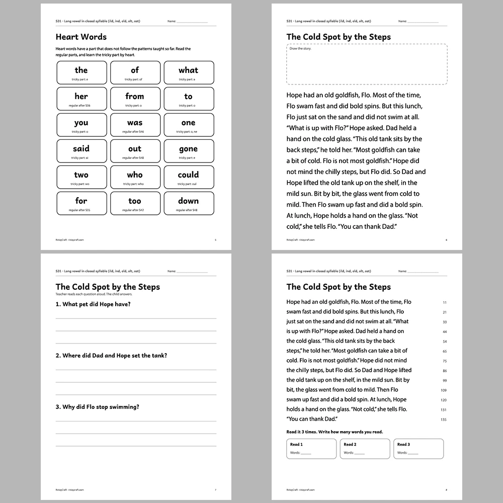 Long vowel in closed syllable (ild, ind, old, olt, ost) Decodable Readers | 10 Stories 44 Pages | Phonics Printable PDF | Ages 6-8