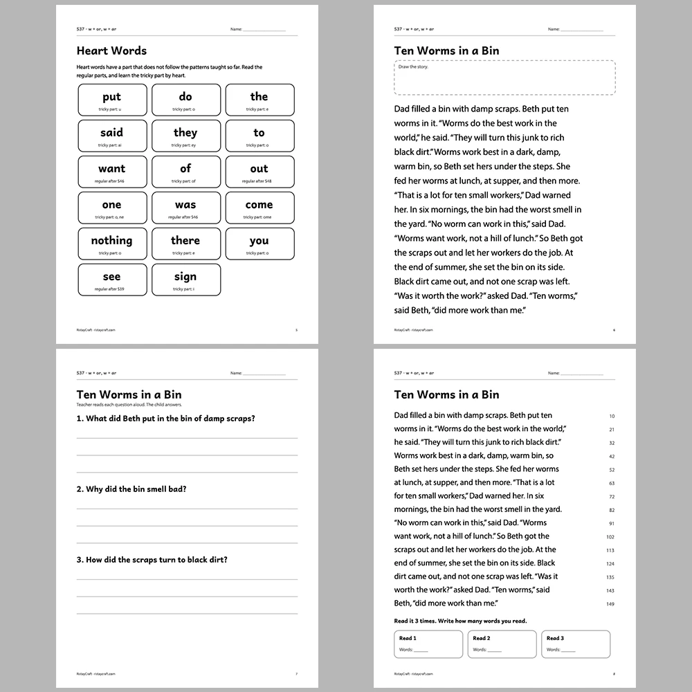 w + or, w + ar Decodable Readers | 10 Stories 44 Pages | Phonics Printable PDF | Ages 6-8