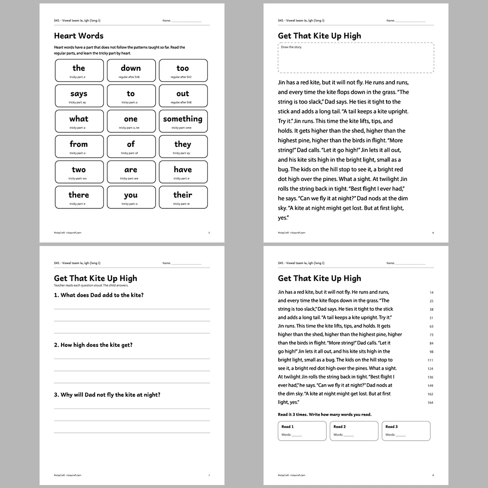 Vowel team ie, igh (long i) Decodable Readers | 10 Stories 44 Pages | Phonics Printable PDF | Ages 6-9