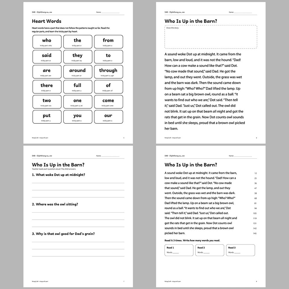 Diphthong ou, ow Decodable Readers | 10 Stories 44 Pages | Phonics Printable PDF | Ages 6-9