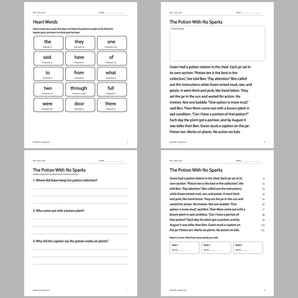 -tion, -sion Decodable Readers | 10 Stories 44 Pages | Phonics Printable PDF | Ages 6-9