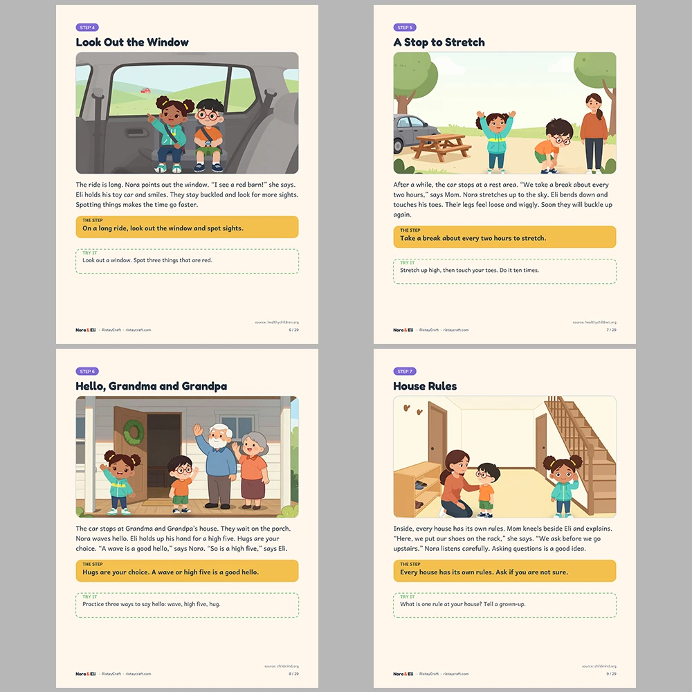 Holiday Travel and Visiting Family Social Narrative for Kids | 29-Page Printable Big Moment Story Ages 4–8 | Car Trip Relatives Activities