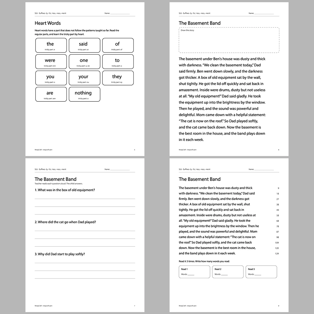 Suffixes -ly, -ful, -less, -ness, -ment Decodable Readers | 10 Stories 44 Pages | Phonics Printable PDF | Ages 6-9