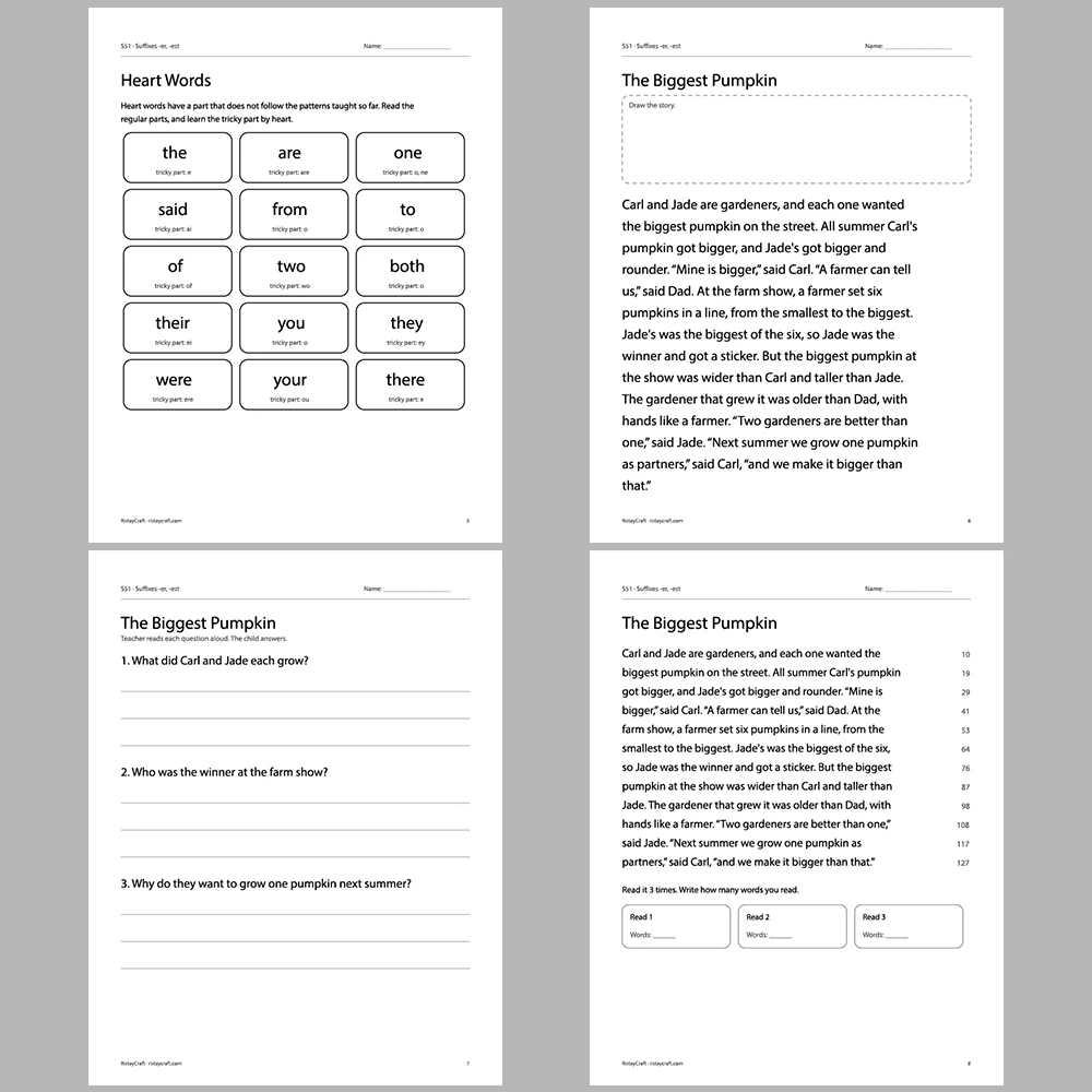 Suffixes -er, -est Decodable Readers | 10 Stories 44 Pages | Phonics Printable PDF | Ages 6-9