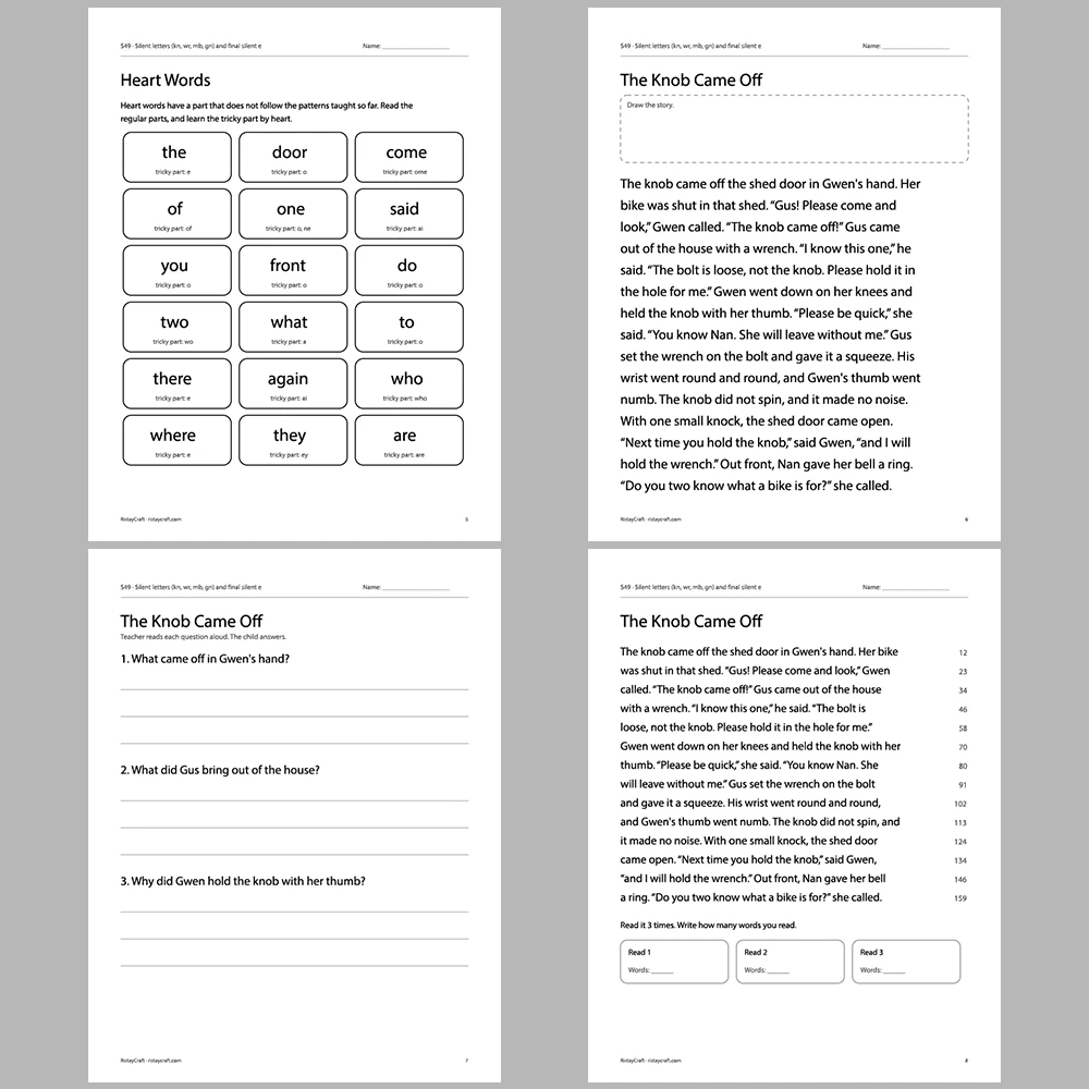 Silent letters (kn, wr, mb, gn) and final silent e Decodable Readers | 10 Stories 44 Pages | Phonics Printable PDF | Ages 6-9