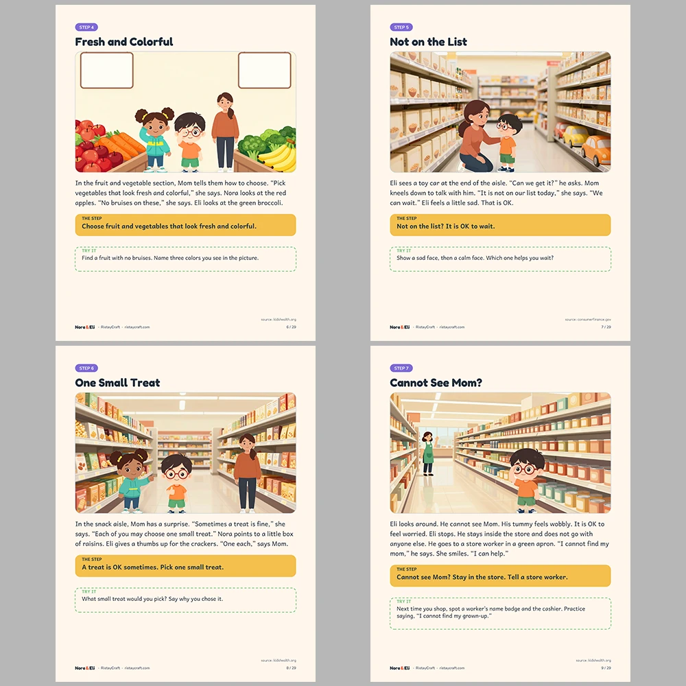 Grocery Store Social Narrative for Kids | 29-Page Printable Big Moment Story Ages 4–8 | Shopping List Cart Checkout Story Activities