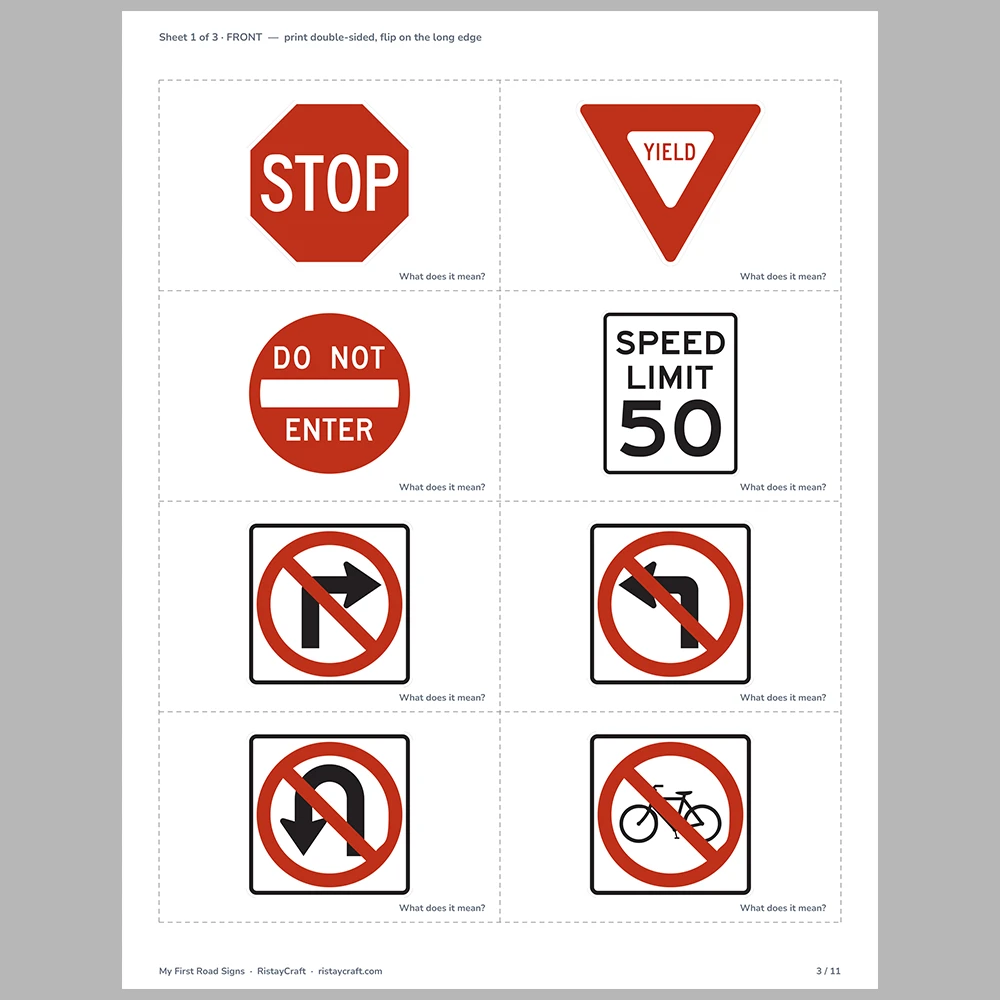 Road Signs Flash Cards for Kids | 23 Traffic Signs with Simple Meanings | Preschool Kindergarten Safety Activity | Printable PDF