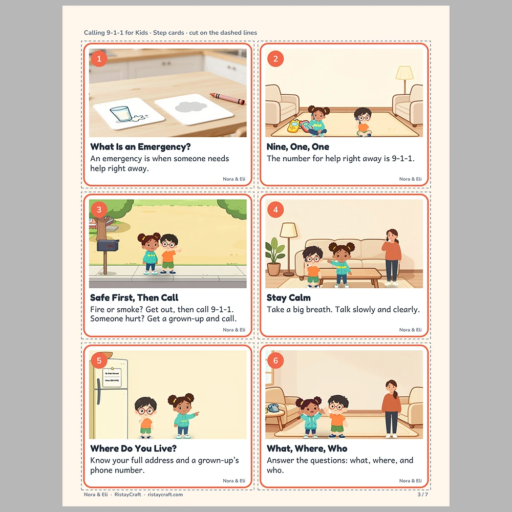 Calling 9-1-1 for Kids Picture Step Cards | Printable Visual Sequence Cards for Kids Ages 5–8 | Safety Rules Companion