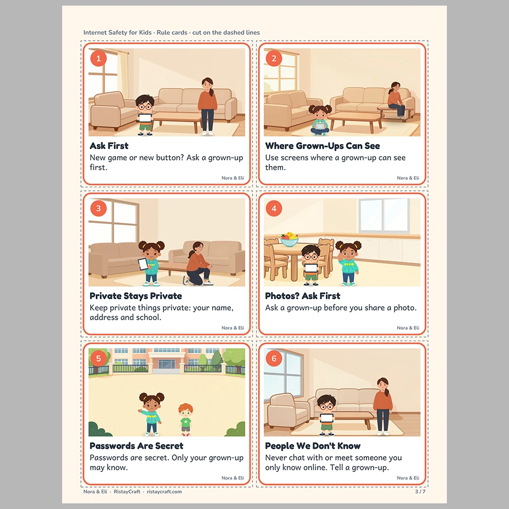 Internet Safety for Kids Picture Rule Cards | Printable Visual Sequence Cards for Kids Ages 5–8 | Safety Rules Companion