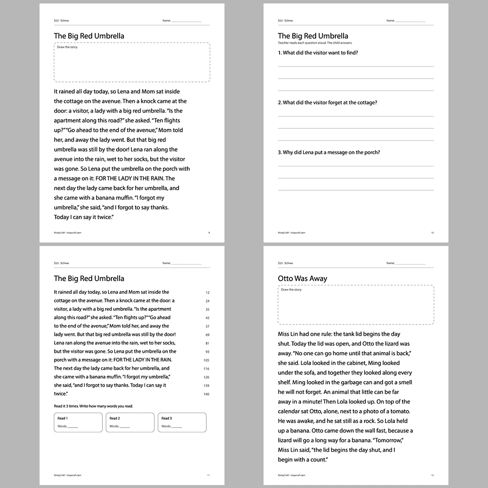 Schwa Decodable Readers | 10 Stories 44 Pages | Phonics Printable PDF | Ages 6-9